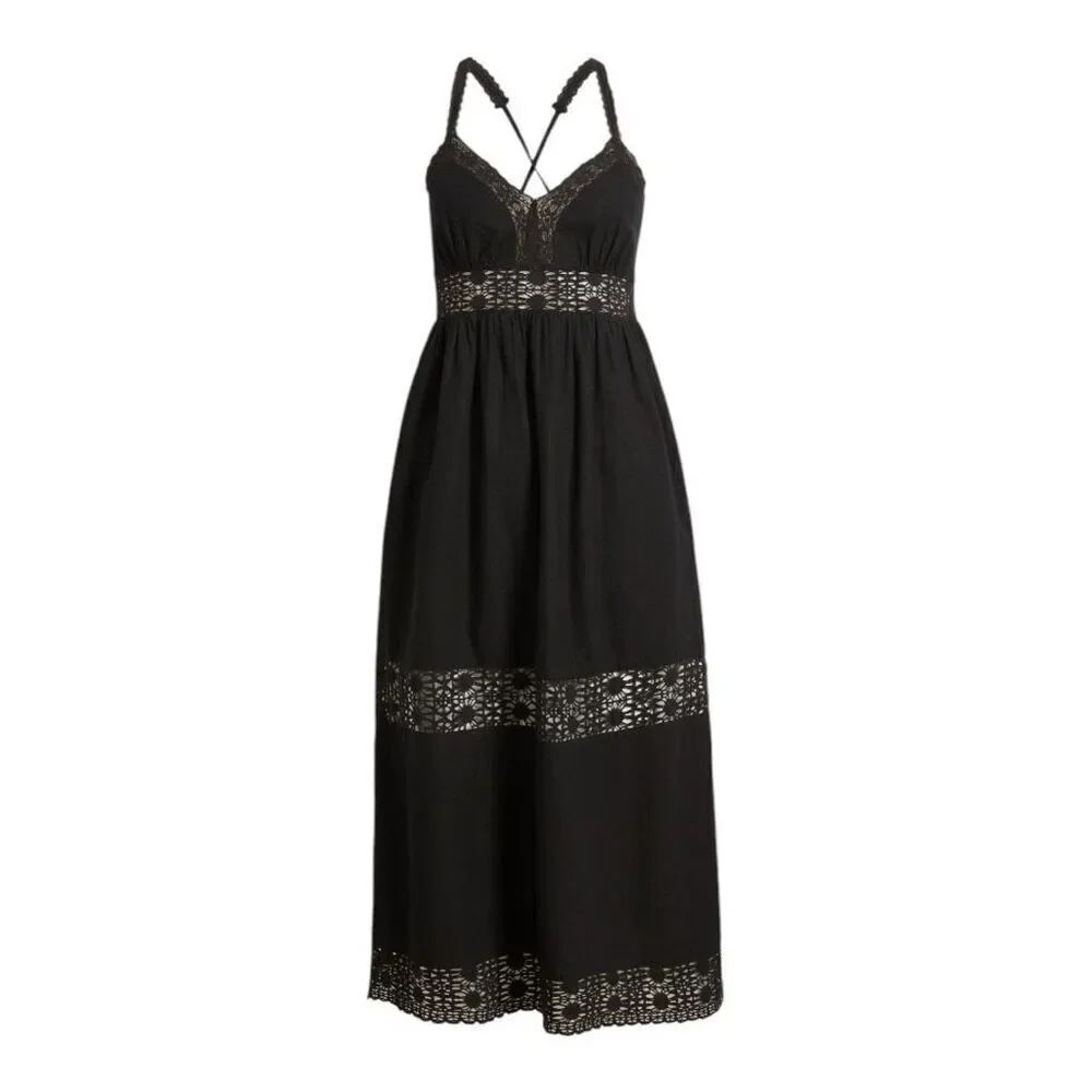 Treasure & Bond lace trim linen blend black midi dress size L NWT
